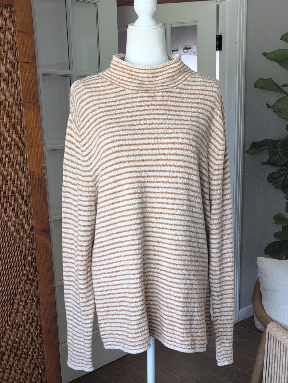 J. Crew Cream and Tan Striped Turtleneck XXL Sweater
